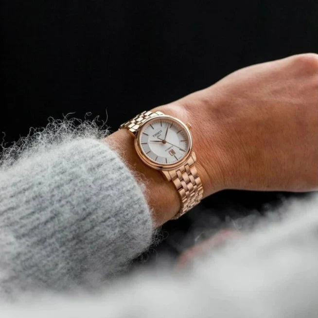 Shop Authentic Tissot T Classic Carson Premium White Dial Rose Gold Steel Strap Watch for Women - T122.207.33.031.00 - Luxxuri