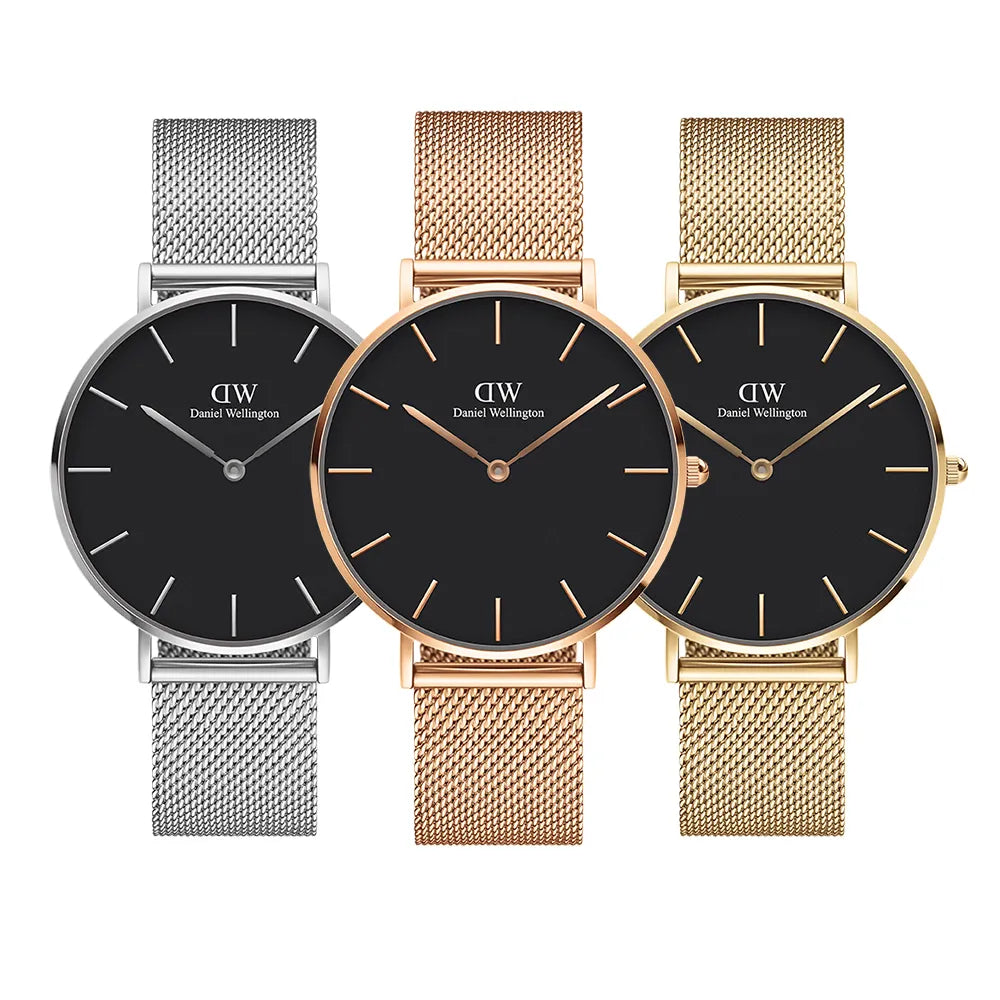 Shop Authentic Daniel Wellington Petite Melrose Black Dial Rose Gold Mesh Strap Watch For Women - DW00100303 - Luxxuri