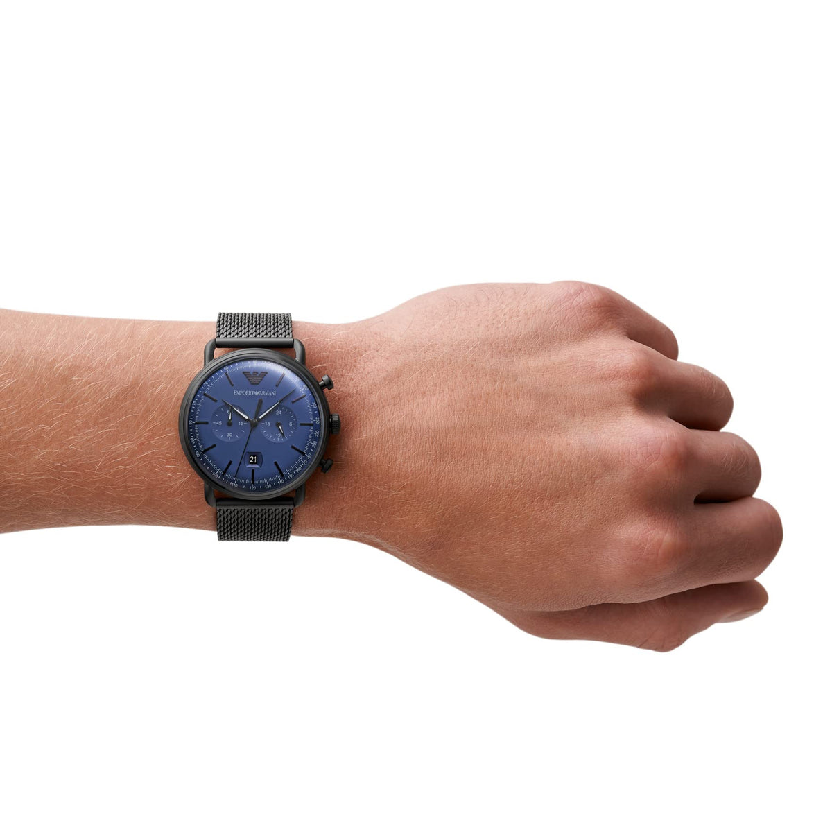 Shop Authentic Emporio Armani Aviator Chronograph Blue Dial Black Mesh Bracelet Watch For Men - AR11201 - Luxxuri