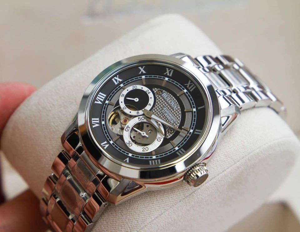 Shop Authentic Bulova BVA Dual Aperture Black Dial Silver Steel Strap Watch for Men - 96A119 - Luxxuri