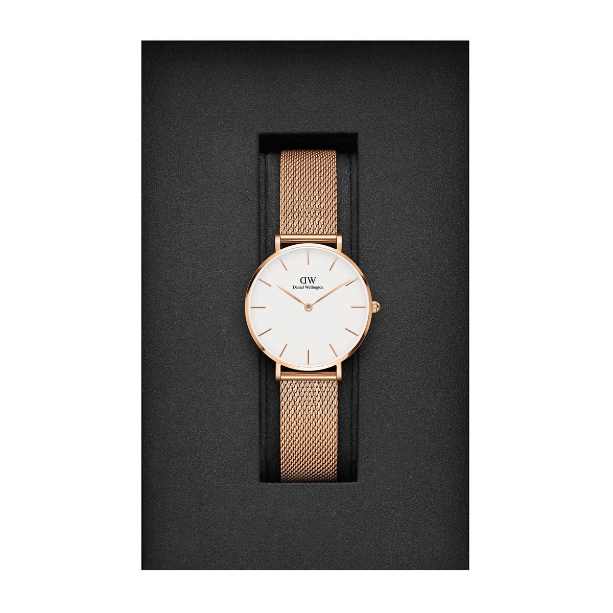 Shop Authentic Daniel Wellington Classic Petite Melrose White Dial Rose Gold Mesh Bracelet Watch For Women - DW00100163 - Luxxuri