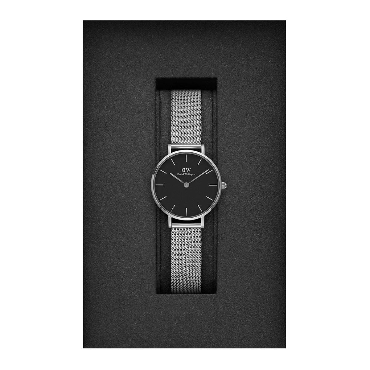 Shop Authentic Daniel Wellington Petite Sterling Black Dial Silver Mesh Bracelet Watch For Women - DW00100218 - Luxxuri