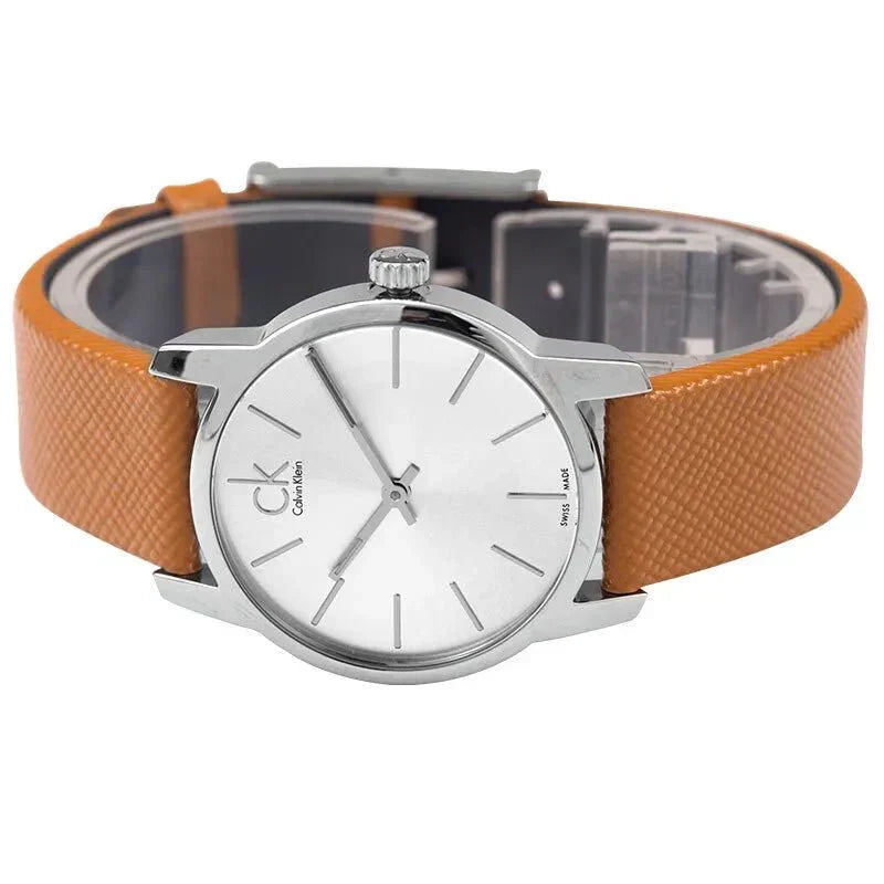 Shop Authentic Calvin Klein City Silver Dial Light Brown Leather Strap Watch For Women- K2G23120 - Luxxuri