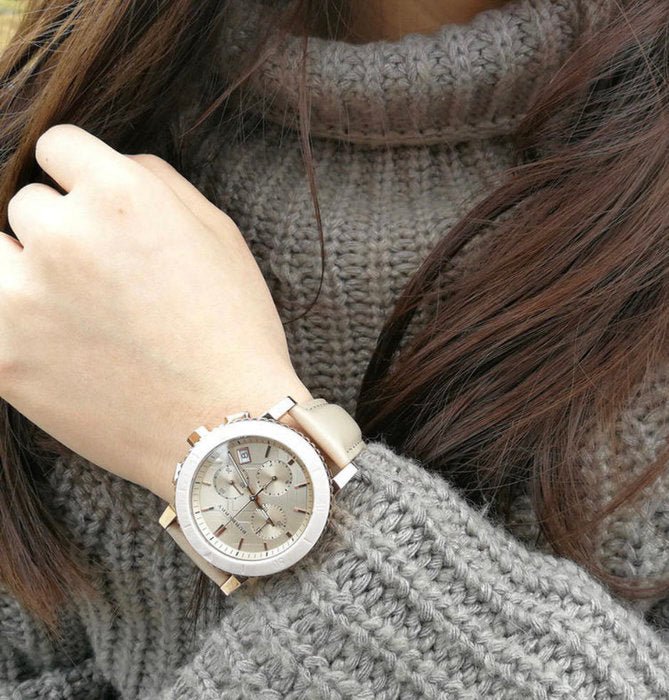 Shop Authentic Burberry Chronograph Rose Gold Dial Beige Leather Strap Watch for Women - BU9704 - Luxxuri
