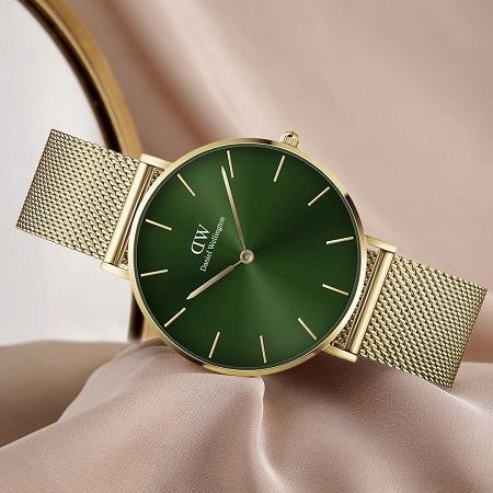 Shop Authentic Daniel Wellington Petite Emerald Green Dial Gold Mesh Strap Watch For Women - DW00100480 - Luxxuri