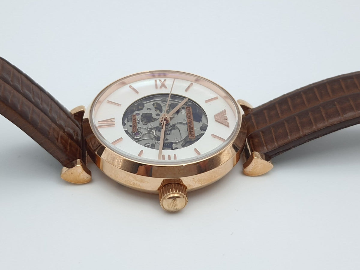 Shop Authentic Emporio Armani Meccanico Skeleton Mother of Pearl Dial Brown Leather Strap Watch For Women - AR1993 - Luxxuri