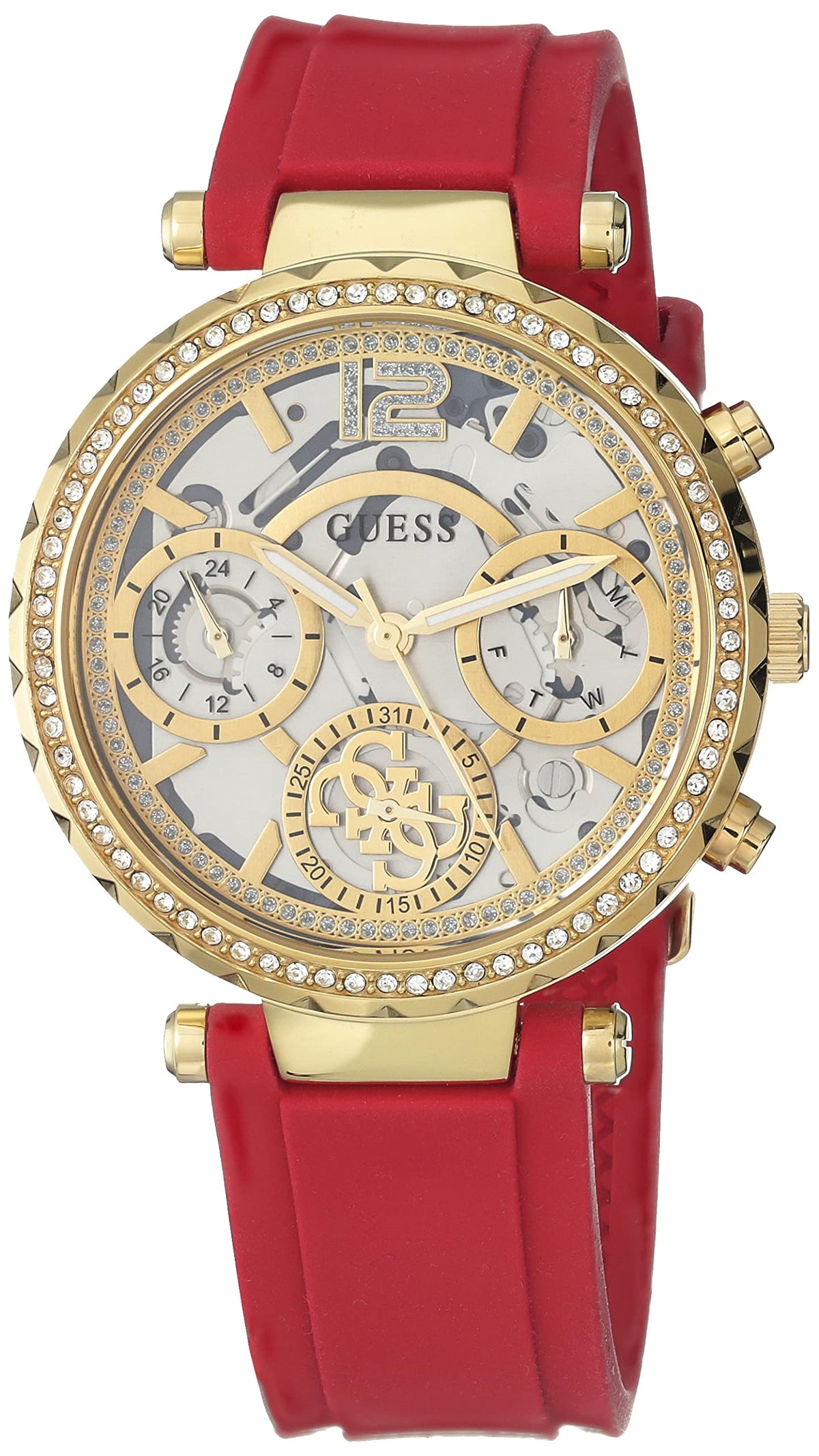 Shop Authentic Guess Solstice Diamonds Gold Dial Red Rubber Strap Watch for Women - GW0484L1 - Luxxuri