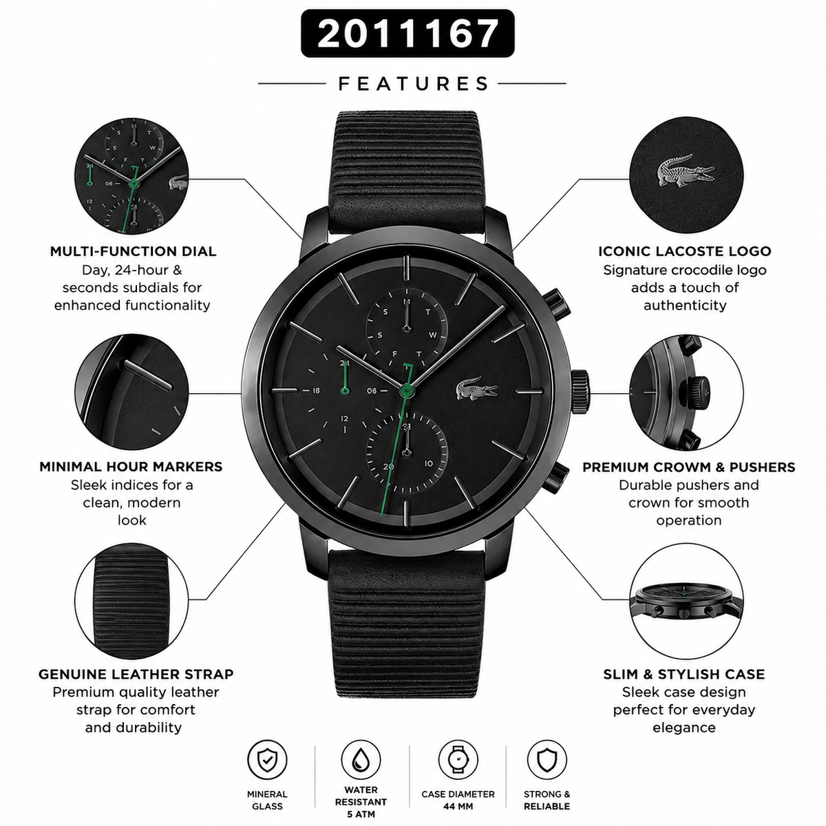 Lacoste Replay Chronograph Black Dial Black Leather Strap Watch for Men - 2011177