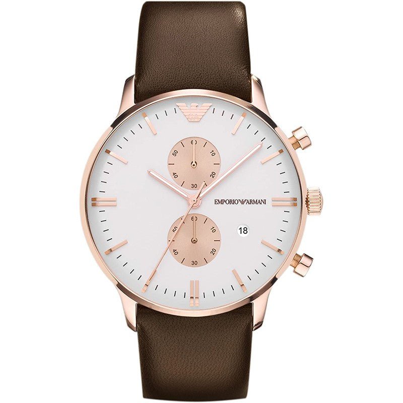 Shop Authentic Emporio Armani Gianni Classic Chronograph White Dial Brown Leather Strap Watch For Men - AR0398 - Luxxuri
