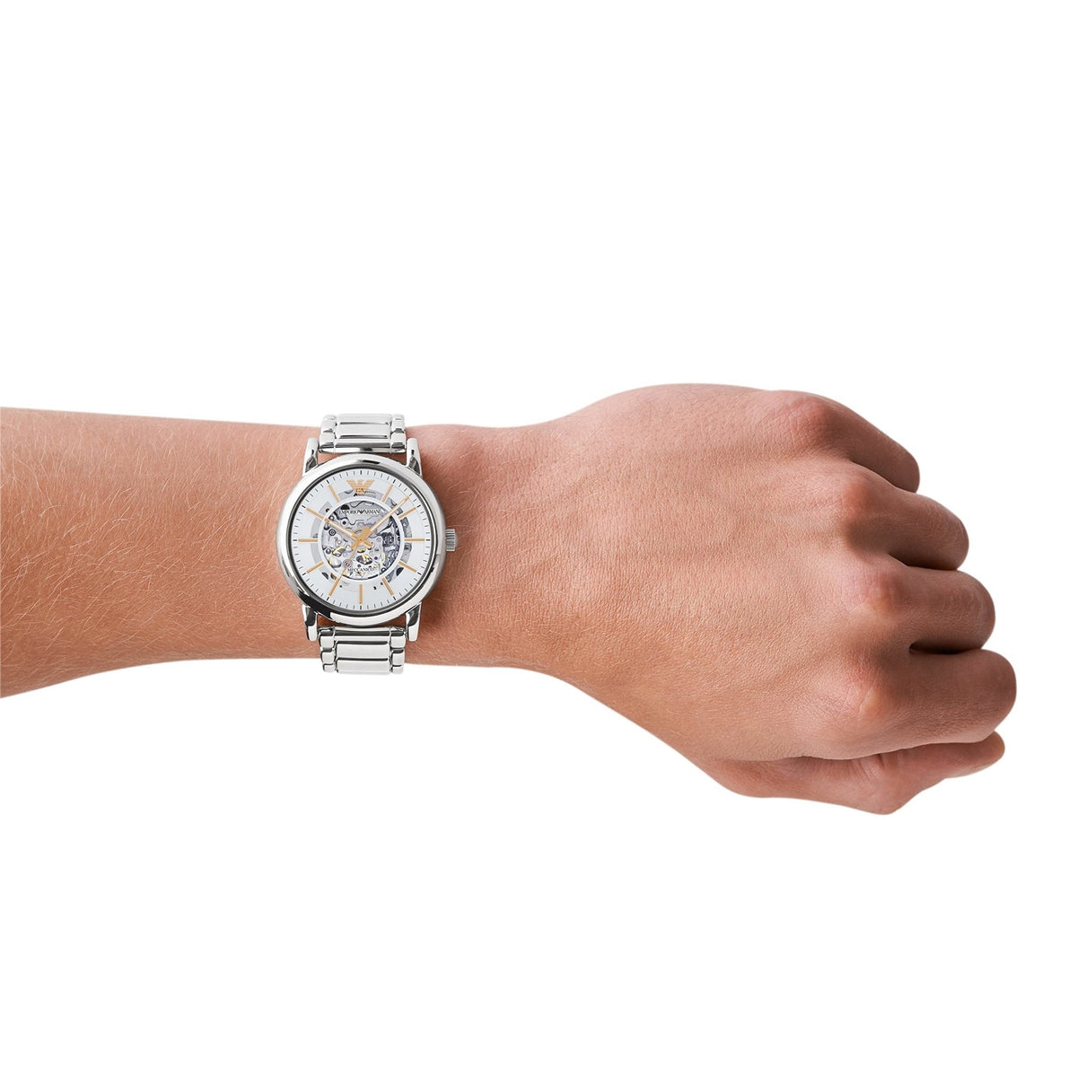 Shop Authentic Emporio Armani Meccanico Skeleton Silver Dial Silver Steel Strap Watch For Men - AR1980 - Luxxuri