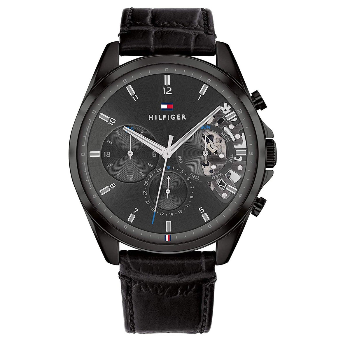 Tommy Hilfiger Baker Chronograph Black Dial Black Leather Strap Watch For Men - 1710452