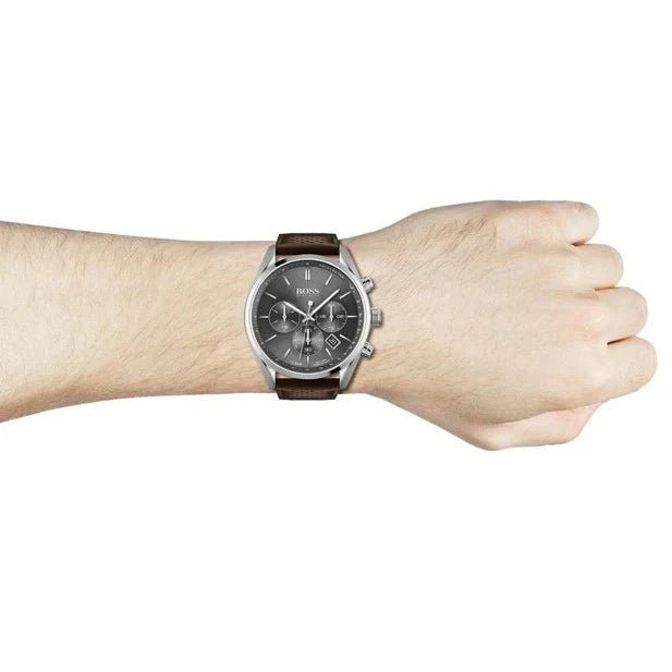 Shop Authentic Hugo Boss Champion Grey Dial Brown Leather Strap Watch for Men - 1513815 - Luxxuri