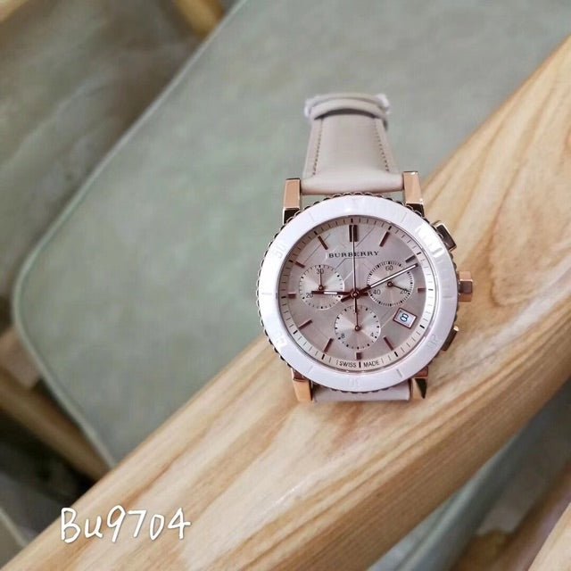 Shop Authentic Burberry Chronograph Rose Gold Dial Beige Leather Strap Watch for Women - BU9704 - Luxxuri
