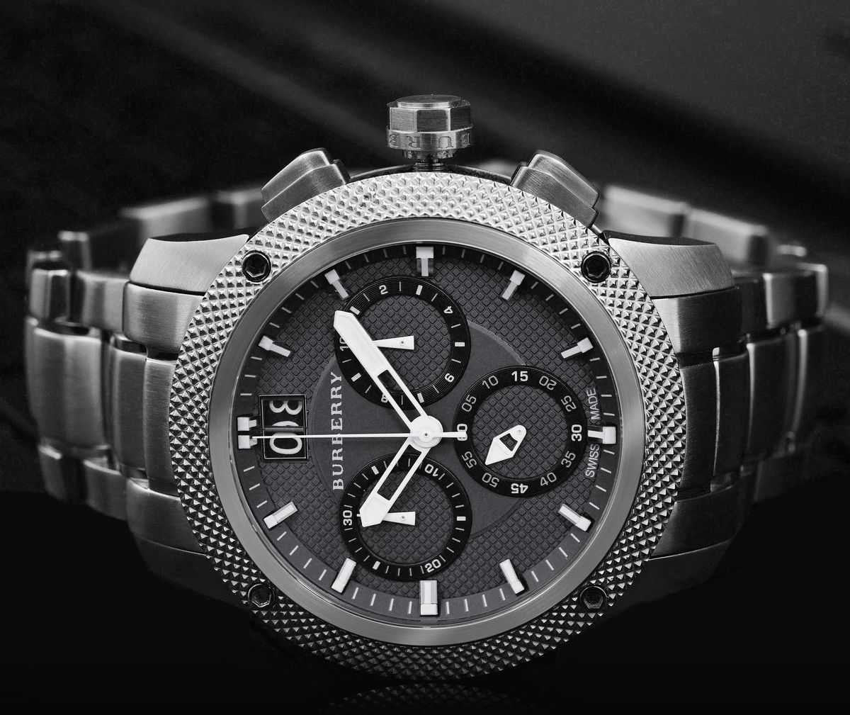 Shop Authentic Burberry Utilitarian Chronograph Black Dial Silver Steel Strap Watch For Men - BU9800 - Luxxuri