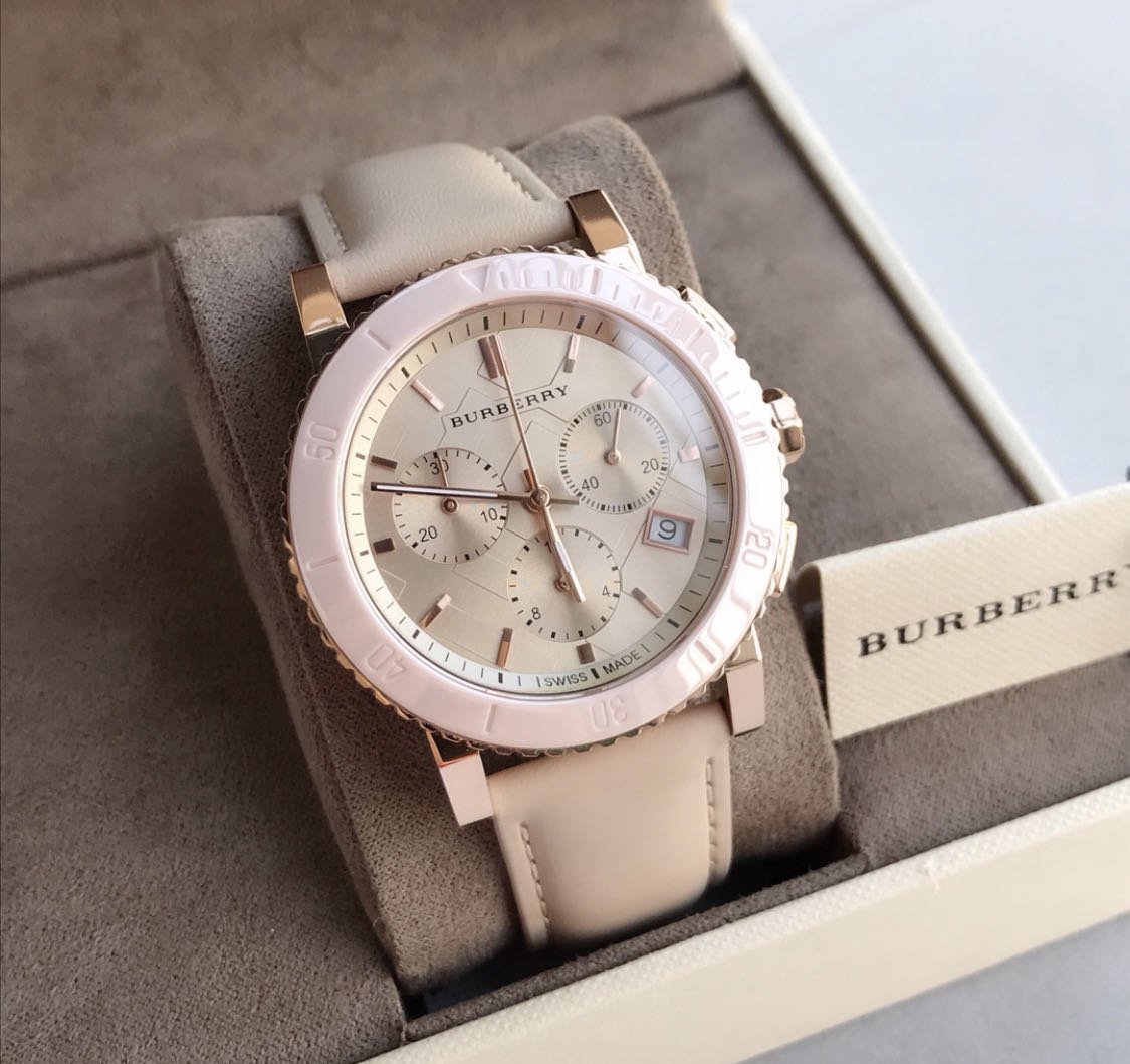 Shop Authentic Burberry Chronograph Rose Gold Dial Beige Leather Strap Watch for Women - BU9704 - Luxxuri