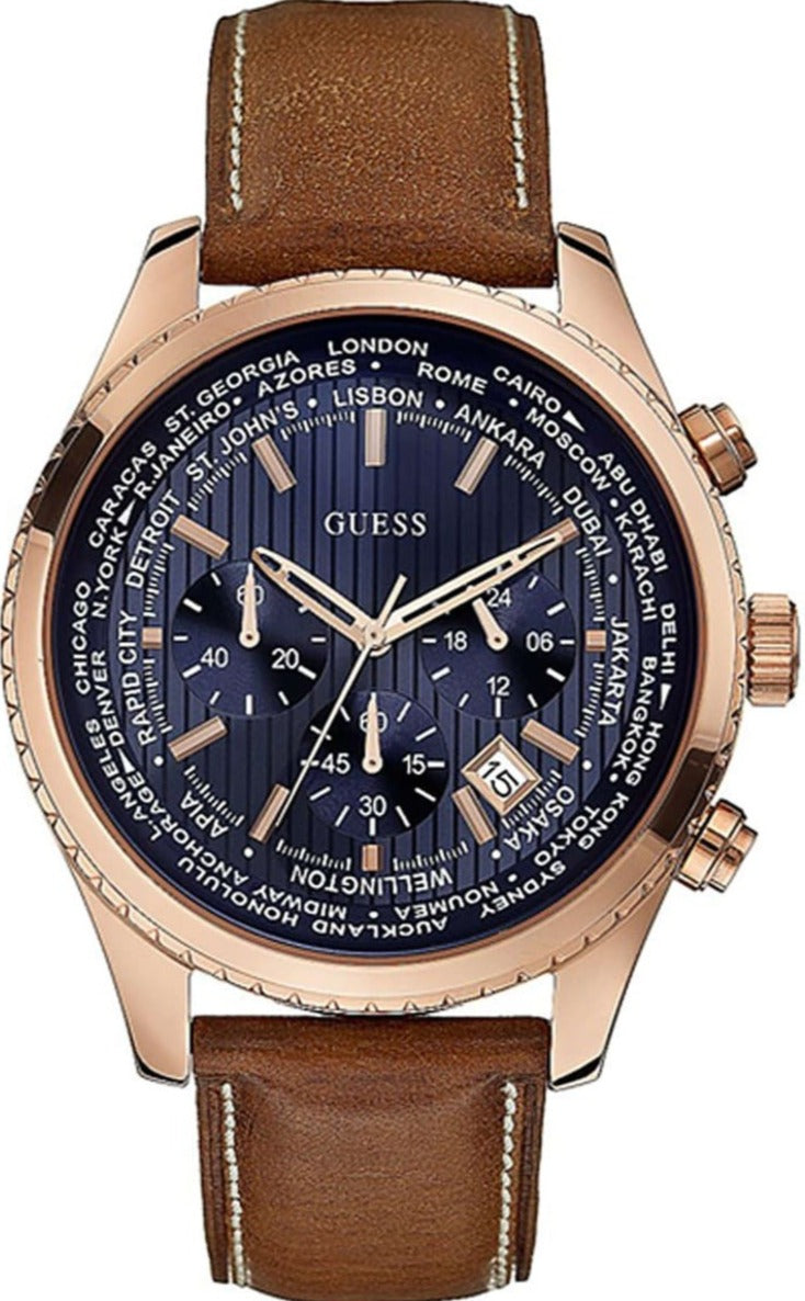 Shop Authentic Guess Persuit Chronograph Blue Dial Brown Leather Strap Watch for Men - W0500G1 - Luxxuri
