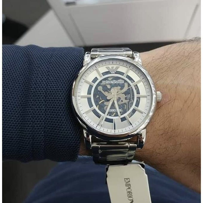 Shop Authentic Emporio Armani Meccanico Skeleton Silver Dial Silver Steel Strap Watch For Men - AR1980 - Luxxuri