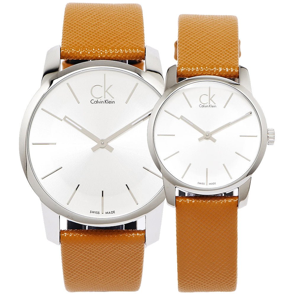 Shop Authentic Calvin Klein City Silver Dial Light Brown Leather Strap Watch For Women- K2G23120 - Luxxuri