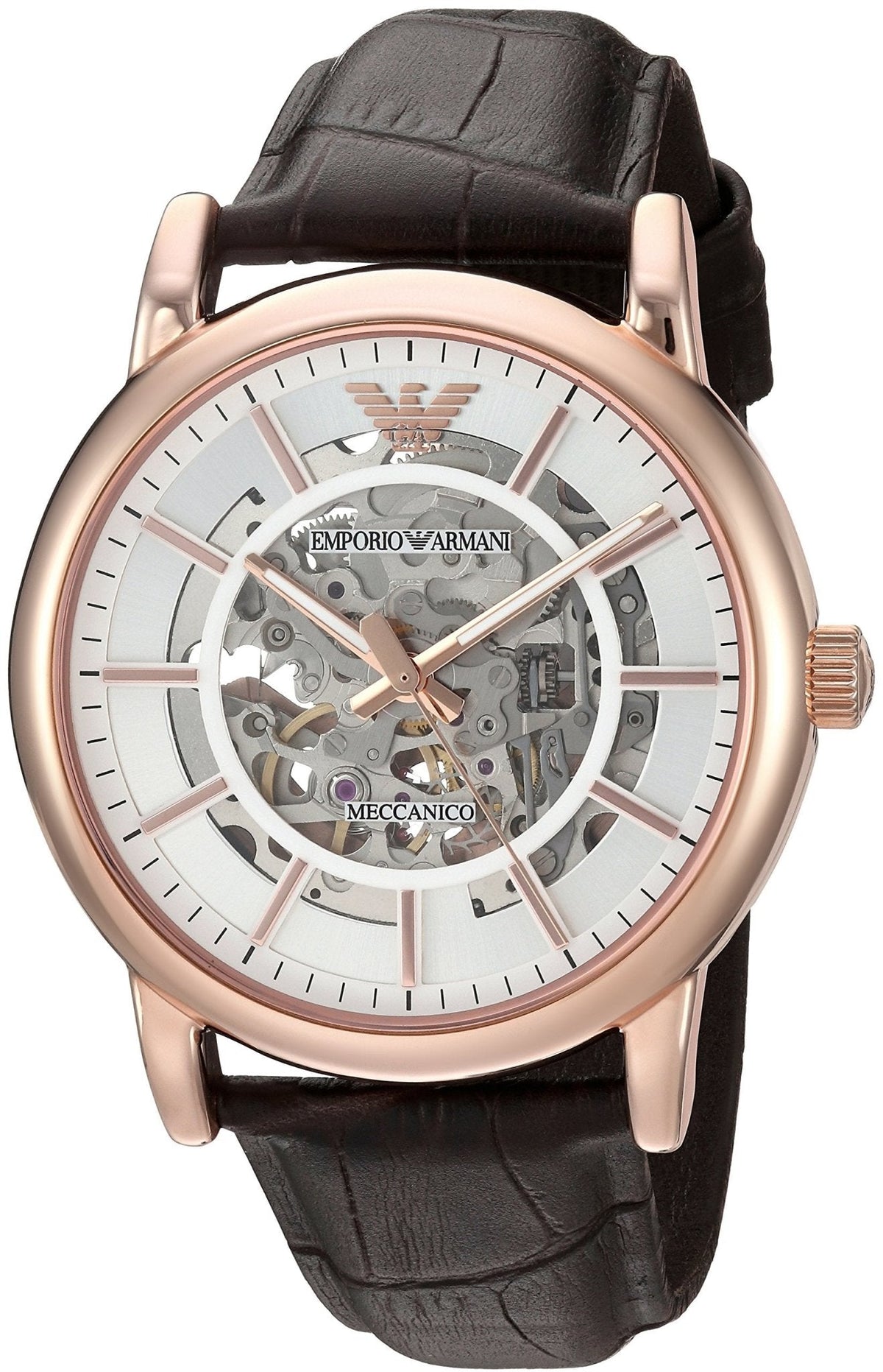 Shop Authentic Emporio Armani Meccanico Silver Skeleton Dial Brown Leather Strap Watch For Men - AR1983 - Luxxuri