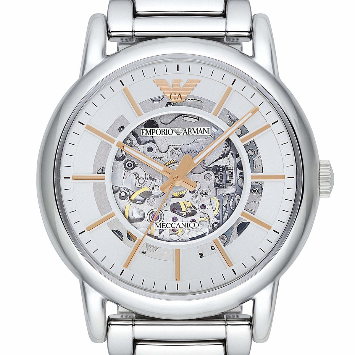 Shop Authentic Emporio Armani Meccanico Skeleton Silver Dial Silver Steel Strap Watch For Men - AR1980 - Luxxuri