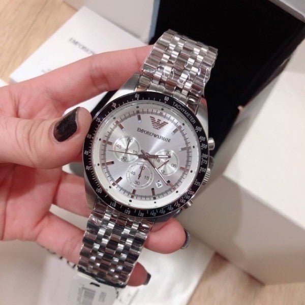 Shop Authentic Emporio Armani Sportivo Chronograph Silver Dial Silver Steel Strap Watch For Men - AR6073 - Luxxuri