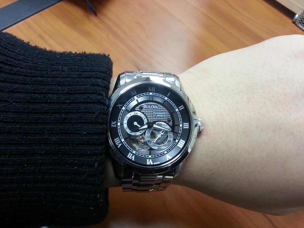 Shop Authentic Bulova BVA Dual Aperture Black Dial Silver Steel Strap Watch for Men - 96A119 - Luxxuri