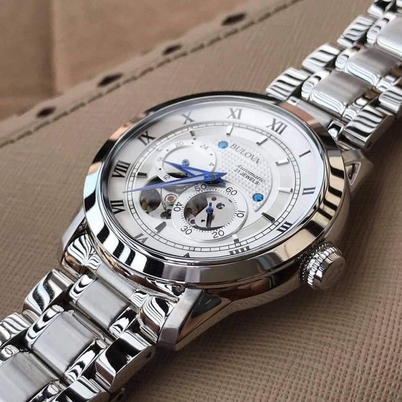 Shop Authentic Bulova BVA Series Dual Aperture Silver Dial Silver Steel Strap Watch for Men - 96A118 - Luxxuri