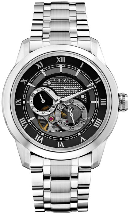 Shop Authentic Bulova BVA Dual Aperture Black Dial Silver Steel Strap Watch for Men - 96A119 - Luxxuri
