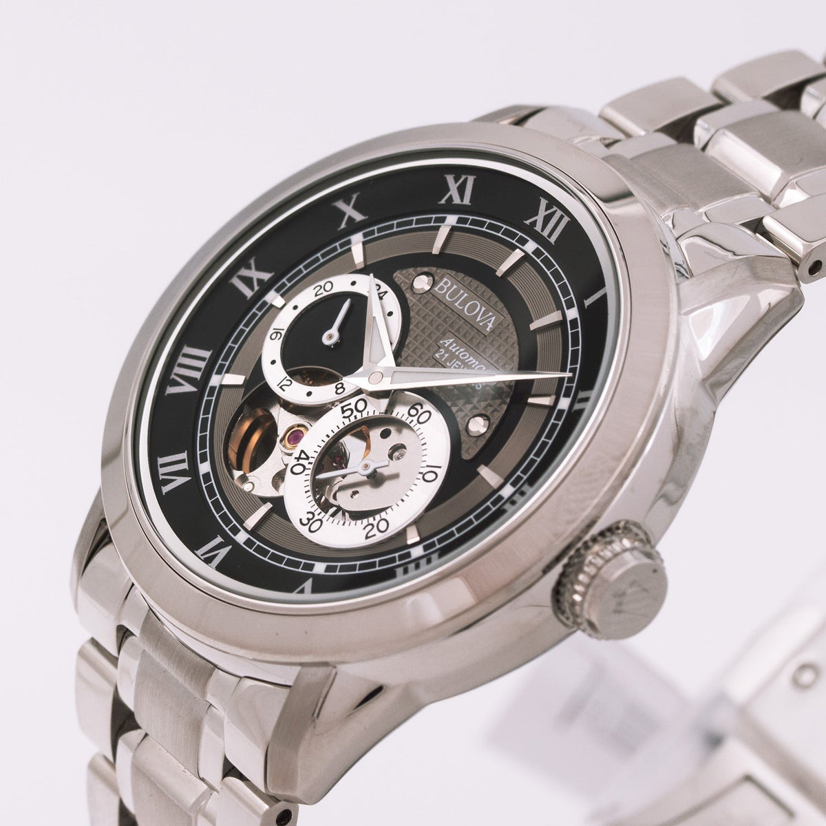 Shop Authentic Bulova BVA Dual Aperture Black Dial Silver Steel Strap Watch for Men - 96A119 - Luxxuri