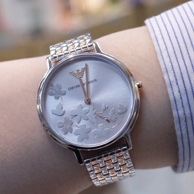 Shop Authentic Emporio Armani Silver Sunray Dial Two Tone Steel Strap Watch For Women - AR11113 - Luxxuri