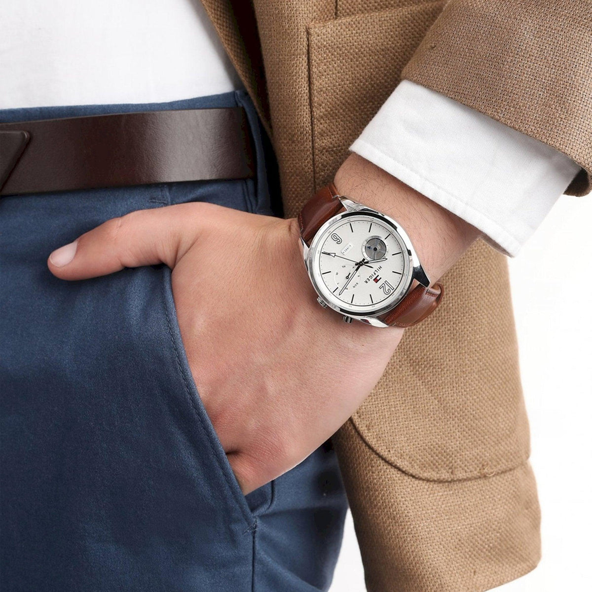 Shop Authentic Tommy Hilfiger Deacon White Dial Brown Leather Strap Watch for Men - 1791550 - Luxxuri