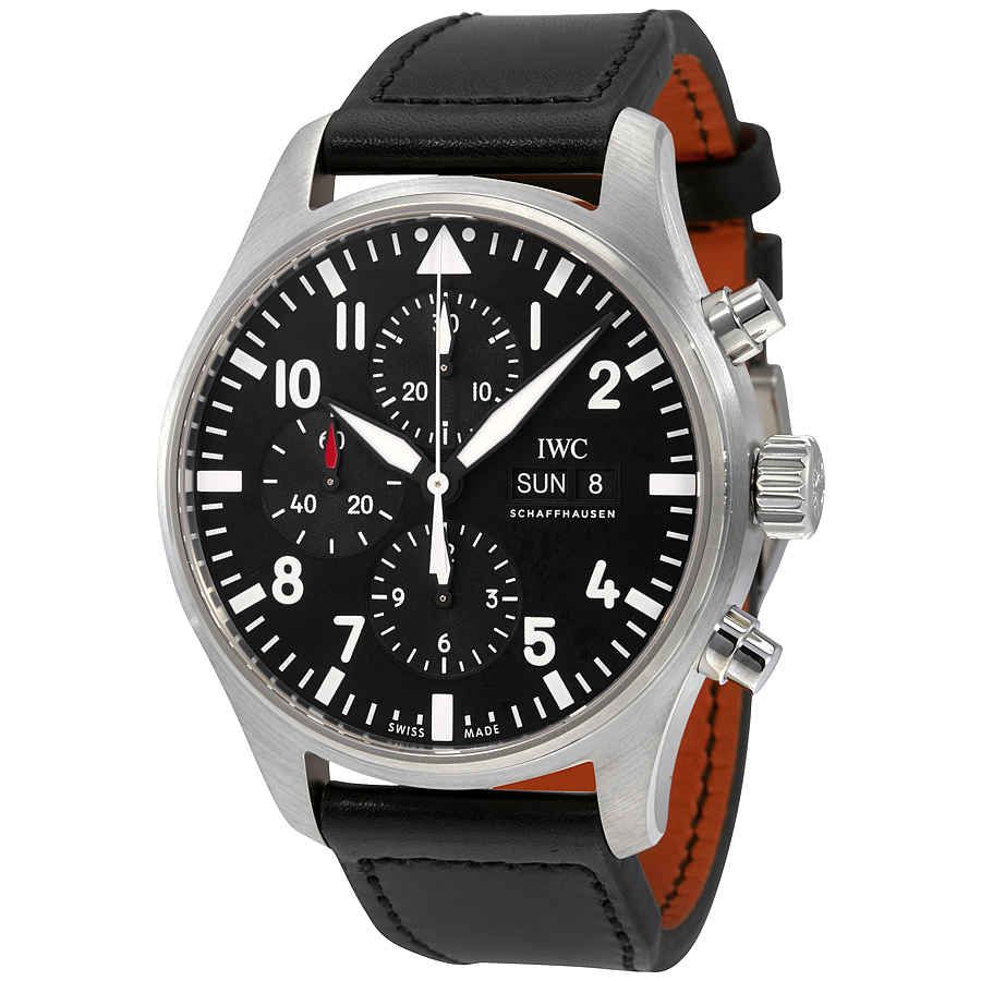 Shop Authentic IWC Pilot's Watch Chronograph Black Dial Black Leather Strap Watch for Men - IW377709 - Luxxuri