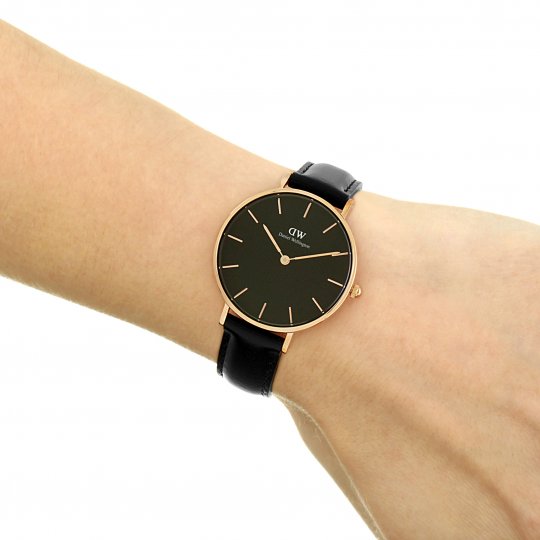 Shop Authentic Daniel Wellington Petite Sheffield Black Dial Black Leather Strap Watch For Women - DW00100168 - Luxxuri
