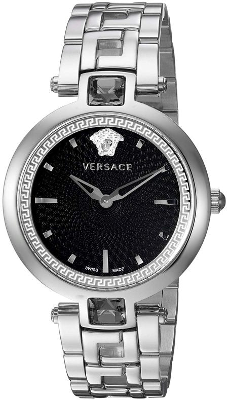 Versace Crystal Gleam Guilloche Black Dial Silver Steel Strap Watch for Women - VAN030016