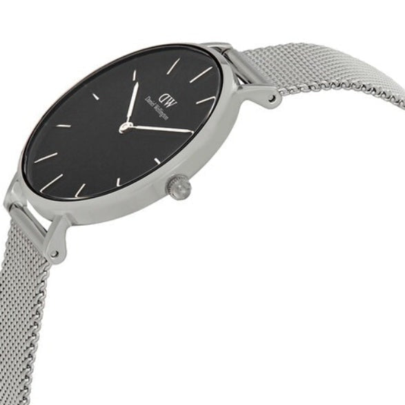 Shop Authentic Daniel Wellington Classic Petite Sterling Black Dial Silver Mesh Bracelet Watch For Women - DW00100162 - Luxxuri