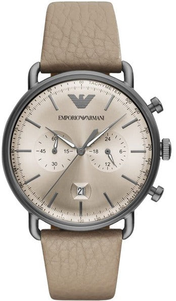 Shop Authentic Emporio Armani Aviator Chronograph Quartz Grey Dial Beige Leather Strap Watch For Men - AR11107 - Luxxuri
