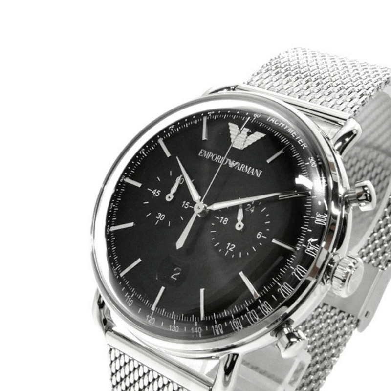 Shop Authentic Emporio Armani Chronograph Black Dial Silver Mesh Bracelet Watch For Men - AR11104 - Luxxuri