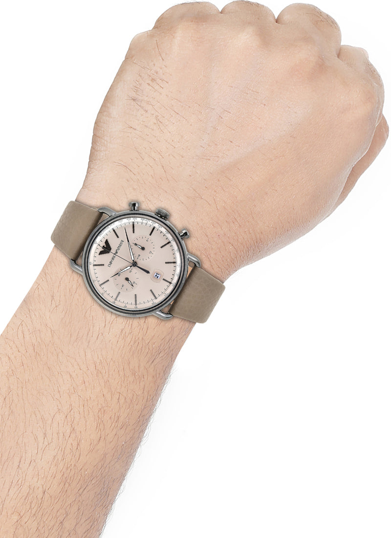 Shop Authentic Emporio Armani Aviator Chronograph Quartz Grey Dial Beige Leather Strap Watch For Men - AR11107 - Luxxuri
