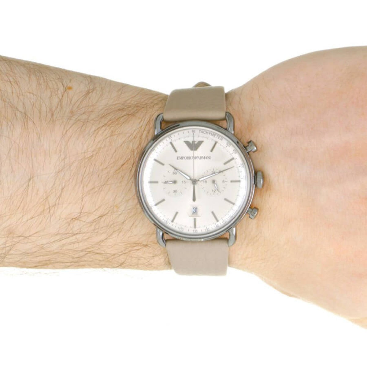 Shop Authentic Emporio Armani Aviator Chronograph Quartz Grey Dial Beige Leather Strap Watch For Men - AR11107 - Luxxuri