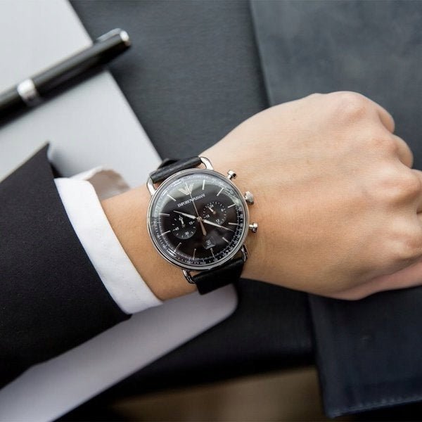 Shop Authentic Emporio Armani Aviator Chronograph Black Dial Black Leather Strap Watch For Men - AR11143 - Luxxuri