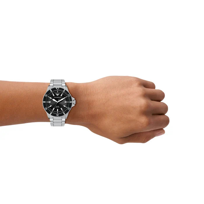 Emporio Armani World Explorer Solar Black Dial Silver Steel Strap Watch for Men - AR11787