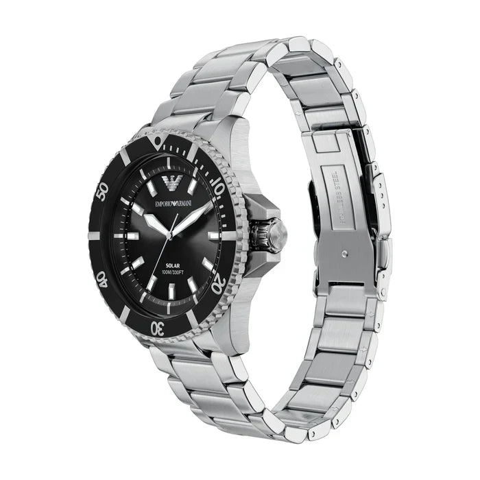 Emporio Armani World Explorer Solar Black Dial Silver Steel Strap Watch for Men - AR11787