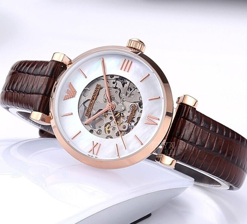 Shop Authentic Emporio Armani Meccanico Skeleton Mother of Pearl Dial Brown Leather Strap Watch For Women - AR1993 - Luxxuri