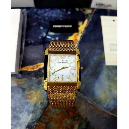 Emporio Armani Super Slim Quartz White DIal Gold Mesh Bracelet Watch For Women - AR2017