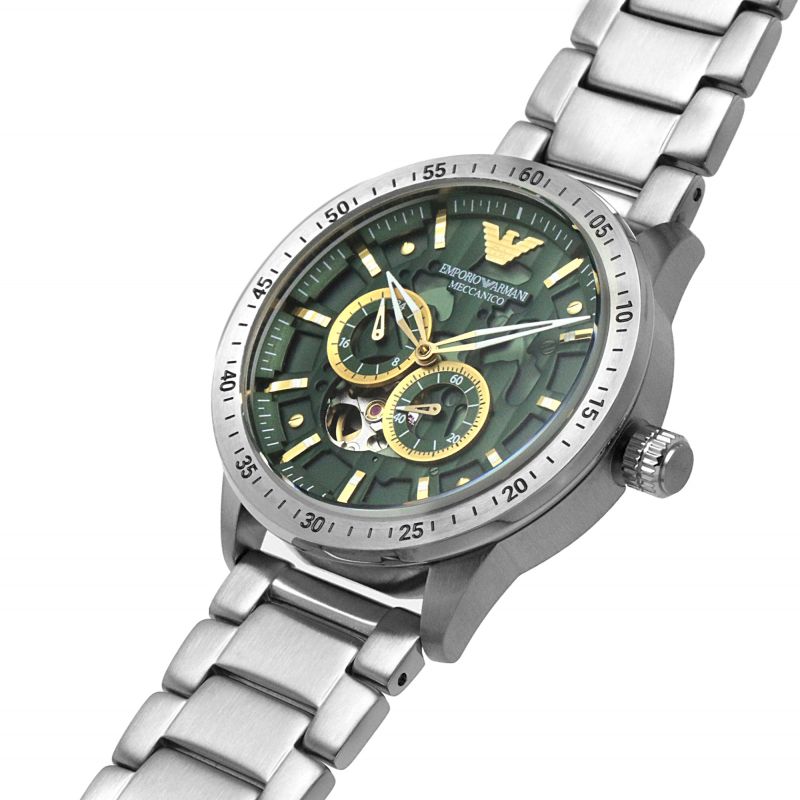 Emporio Armani Meccanico Automatic Green Dial Silver Steel Strap Watch For Men - AR60053