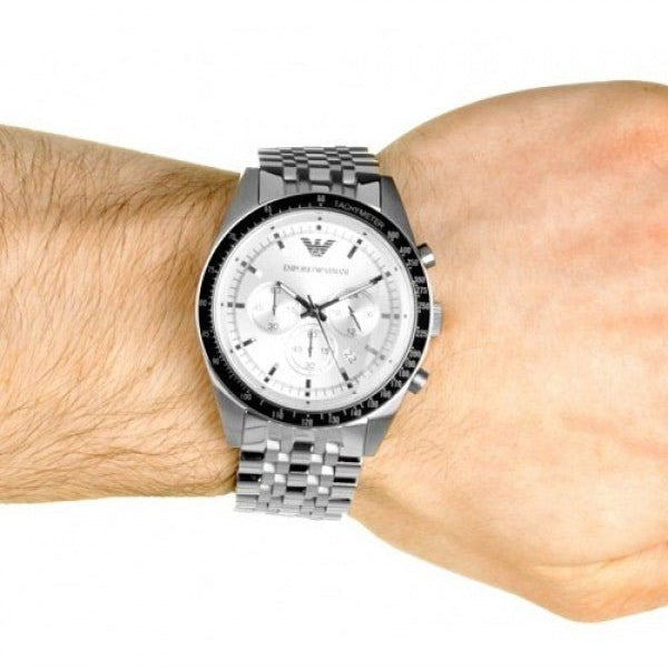 Shop Authentic Emporio Armani Sportivo Chronograph Silver Dial Silver Steel Strap Watch For Men - AR6073 - Luxxuri