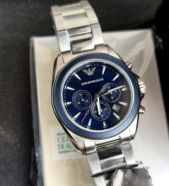 Shop Authentic Emporio Armani Sportivo Chronograph Blue Dial Silver Steel Strap Watch For Men - AR6091 - Luxxuri