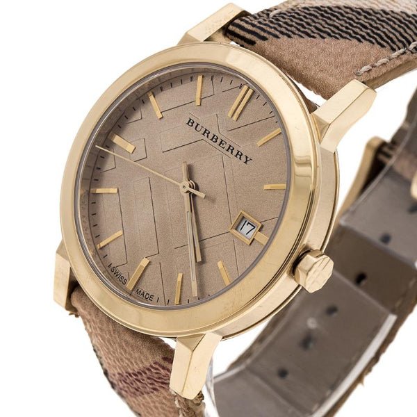 Shop Authentic Burberry The City Gold Dial Haymarket Brown Leather Strap Watch for Women - BU9026 - Luxxuri