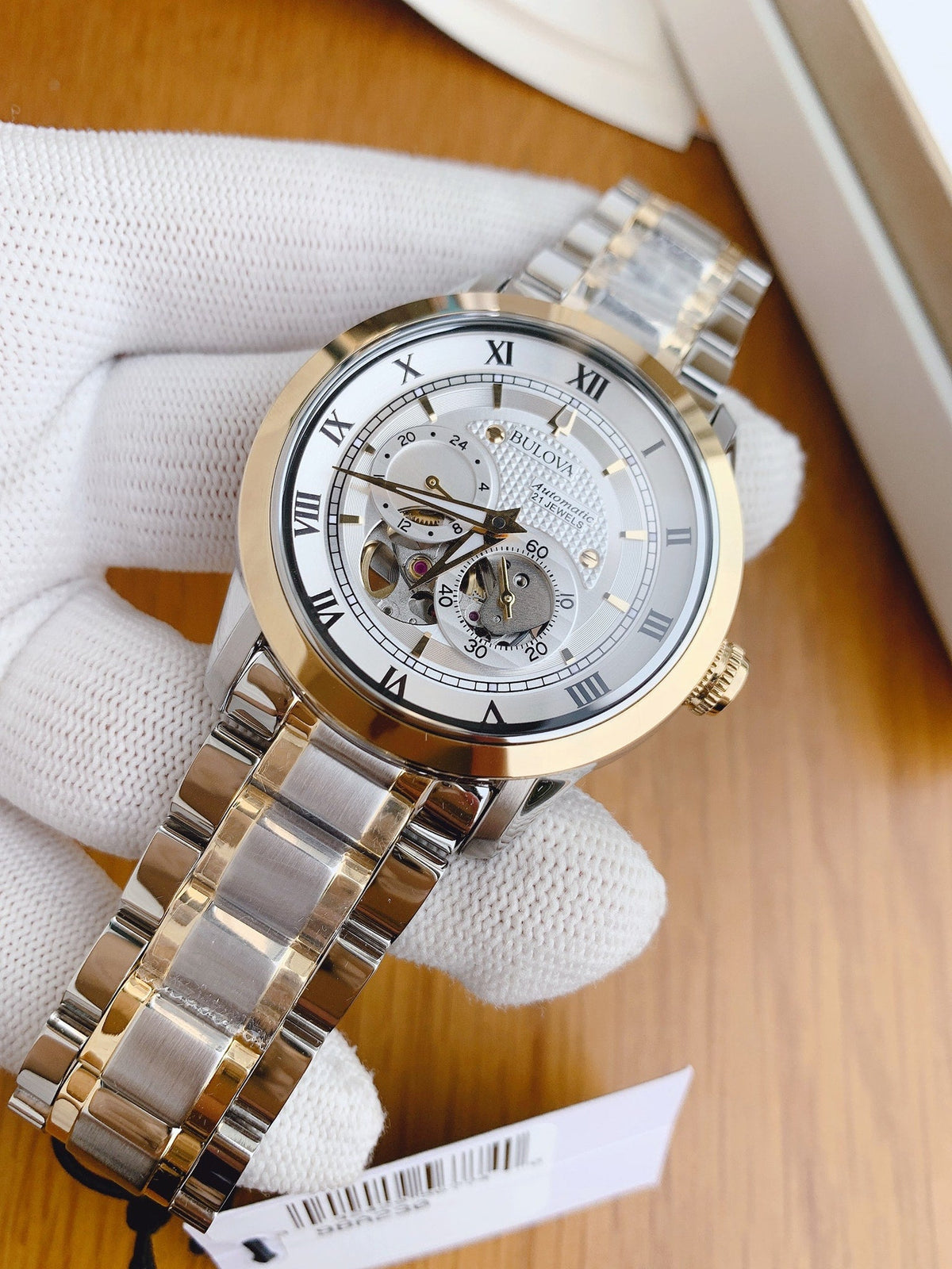 Shop Authentic Bulova BVA Skeleton Silver Dial Two Tone Steel Strap Watch for Men - 98A230 - Luxxuri