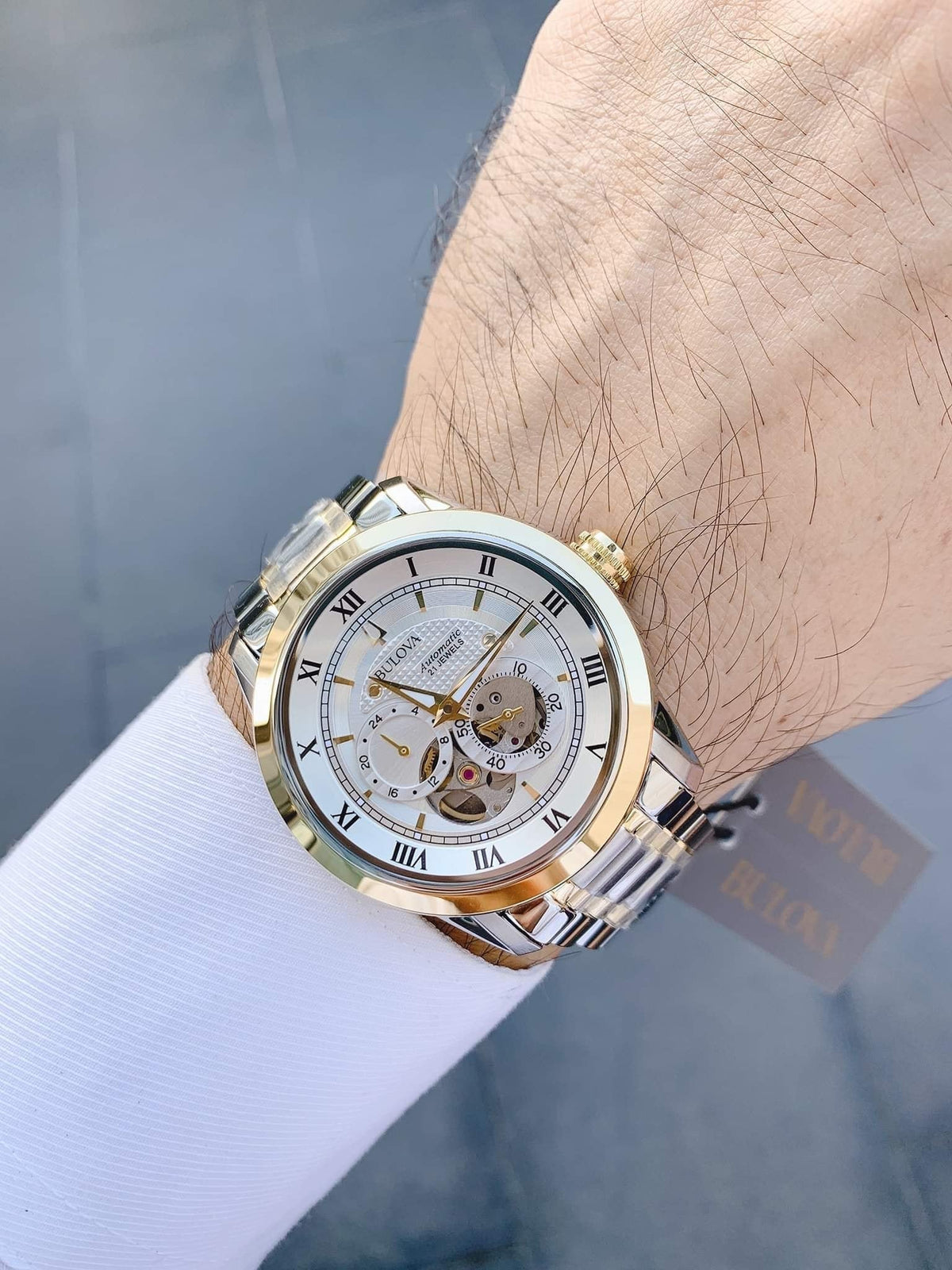 Shop Authentic Bulova BVA Skeleton Silver Dial Two Tone Steel Strap Watch for Men - 98A230 - Luxxuri